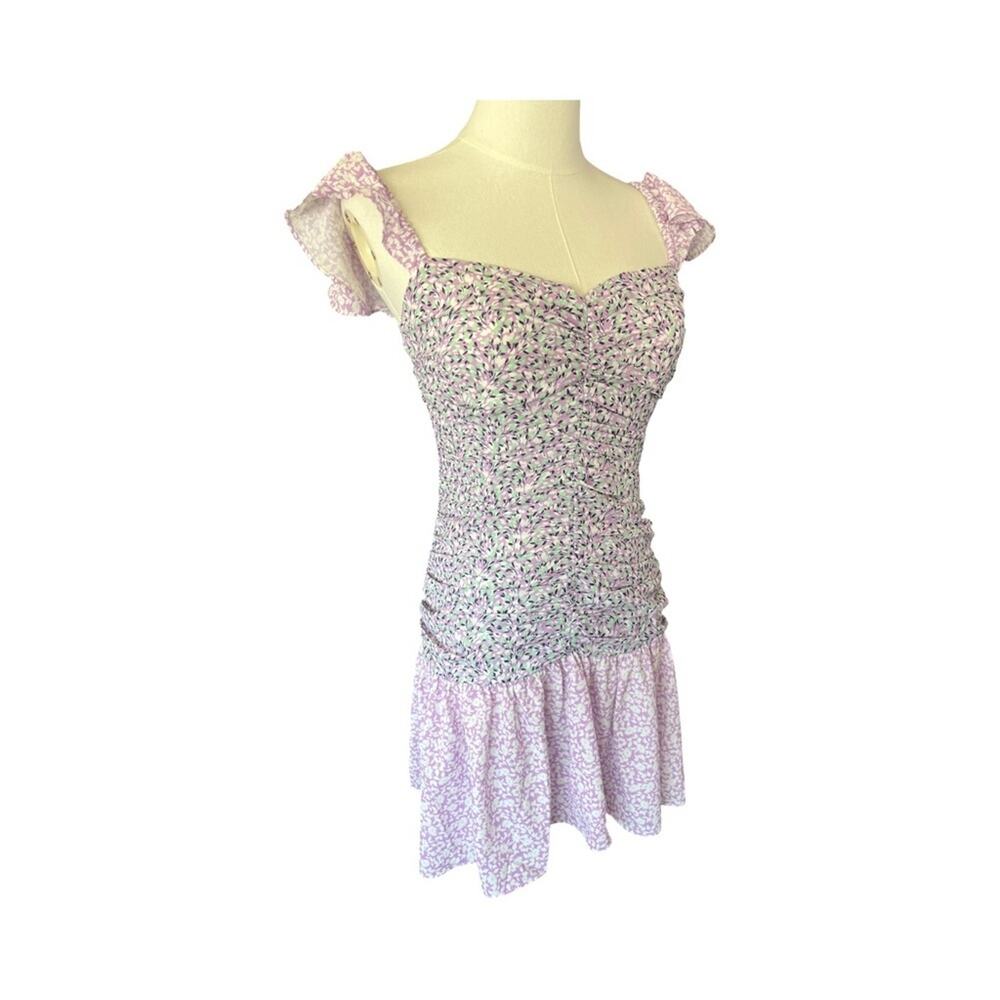 French Connection Lilac Floral Mini Dress Size 2 Smocked Ruffle Hem NWT - Picture 6 of 14